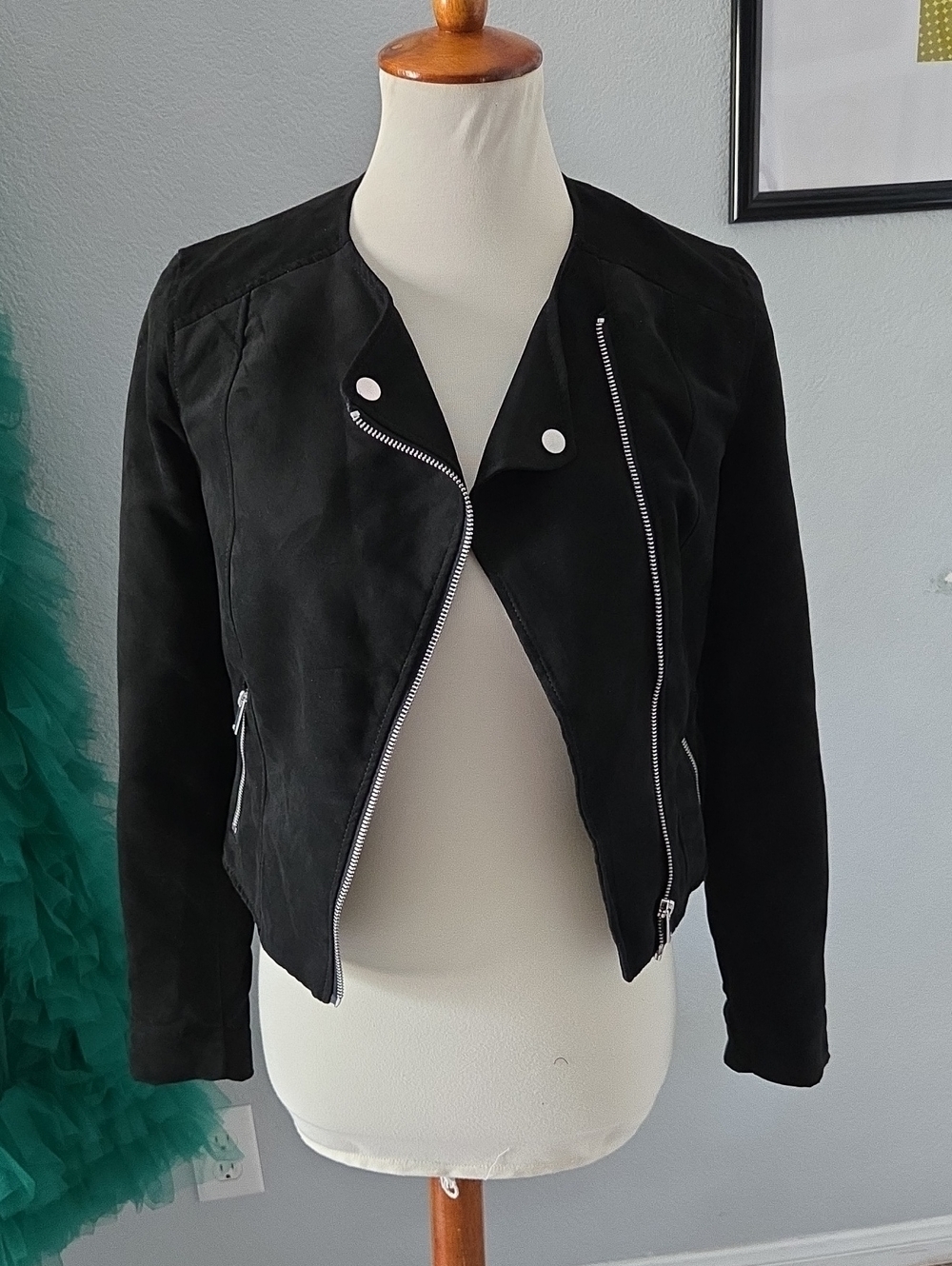 Divided Black Suede-Look Moto Jacket with Silver Hardware 2 Xs